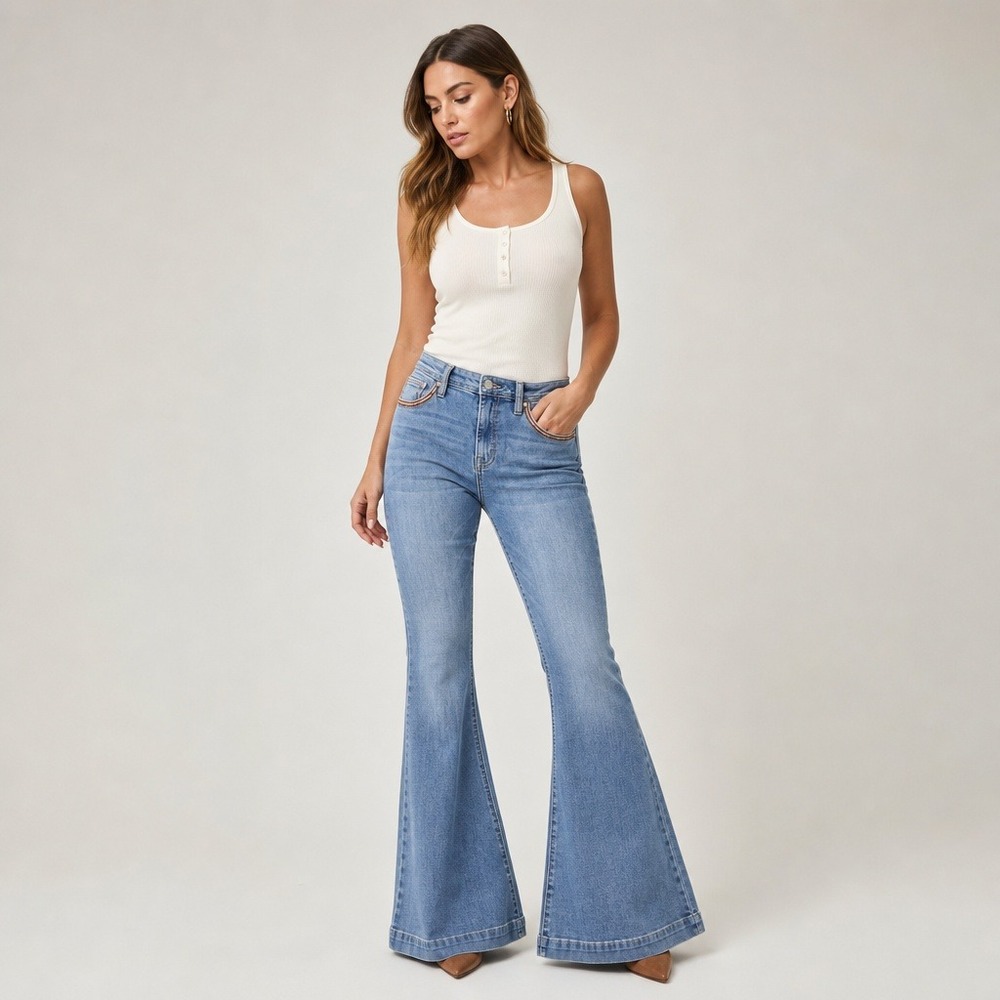 Shyanne Women's Country Wear Blue Flare Jeans Size 32x34 Embroidered High Rise